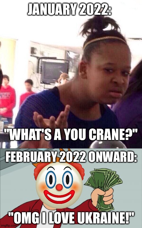 "I support the current thing!" | JANUARY 2022:; "WHAT'S A YOU CRANE?"; FEBRUARY 2022 ONWARD:; "OMG I LOVE UKRAINE!" | image tagged in memes,black girl wat,shut up and take my money fry | made w/ Imgflip meme maker