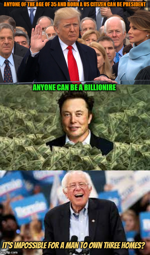 Impossible! | ANYONE OF THE AGE OF 35 AND BORN A US CITIZEN CAN BE PRESIDENT; ANYONE CAN BE A BILLIONIRE; It's impossible for a man to own three homes? | image tagged in donald trump,elon musk,bernie sanders,maroons,magas,bernie 2024 | made w/ Imgflip meme maker