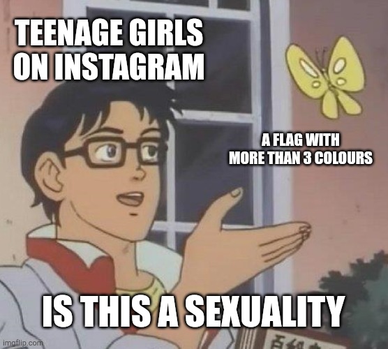 Teenagers....Am I right? | TEENAGE GIRLS ON INSTAGRAM; A FLAG WITH MORE THAN 3 COLOURS; IS THIS A SEXUALITY | image tagged in memes,is this a pigeon | made w/ Imgflip meme maker
