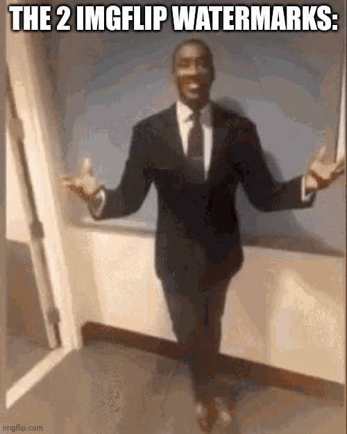 smiling black guy in suit | THE 2 IMGFLIP WATERMARKS: | image tagged in smiling black guy in suit | made w/ Imgflip meme maker