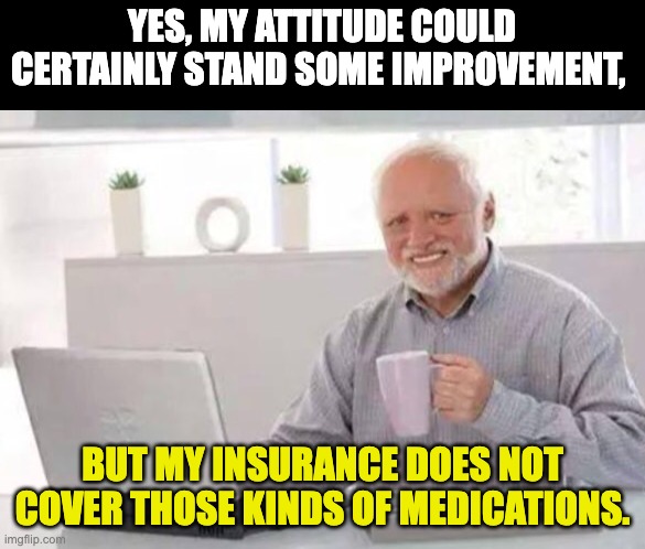 Meds | YES, MY ATTITUDE COULD CERTAINLY STAND SOME IMPROVEMENT, BUT MY INSURANCE DOES NOT COVER THOSE KINDS OF MEDICATIONS. | image tagged in harold | made w/ Imgflip meme maker