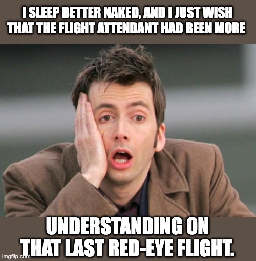 Sleep | I SLEEP BETTER NAKED, AND I JUST WISH THAT THE FLIGHT ATTENDANT HAD BEEN MORE; UNDERSTANDING ON THAT LAST RED-EYE FLIGHT. | image tagged in face palm | made w/ Imgflip meme maker