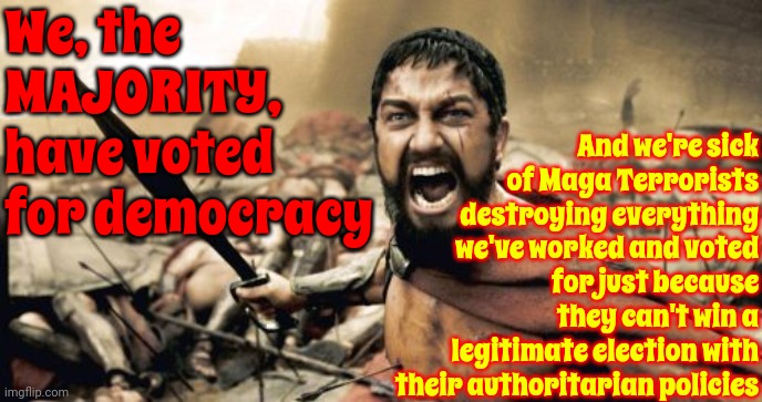 Traitors | We, the
MAJORITY,
have voted for democracy; And we're sick of Maga Terrorists destroying everything we've worked and voted for just because they can't win a legitimate election with their authoritarian policies | image tagged in memes,sparta leonidas,scumbag maga,scumbag republicans,scumbag trump,lock him up | made w/ Imgflip meme maker