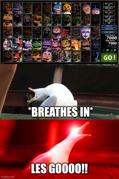 35/20 beaten. omw to 50/20 | *BREATHES IN*; LES GOOOO!! | image tagged in boy seagull,fnaf,ultimate custom night | made w/ Imgflip meme maker