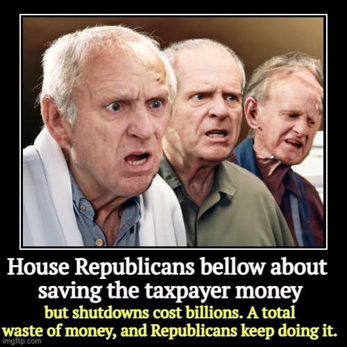This is not fiscal responsibility. Americans know it's not. It's a bonehead move and always works out badly for the GOP. | House Republicans bellow about 
saving the taxpayer money | but shutdowns cost billions. A total waste of money, and Republicans keep doing  | image tagged in funny,demotivationals,freedom caucus,maga,republicans,government shutdown | made w/ Imgflip demotivational maker