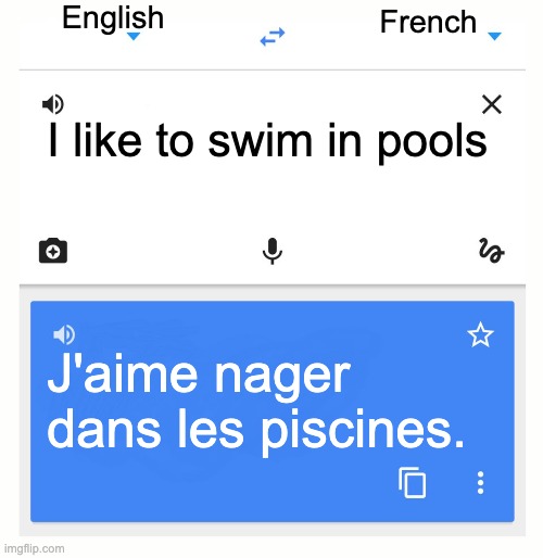Google Translate | English; French; I like to swim in pools; J'aime nager dans les piscines. | image tagged in google translate | made w/ Imgflip meme maker
