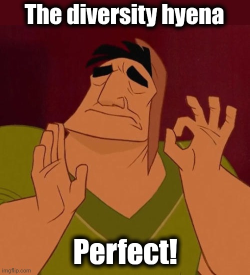 When X just right | The diversity hyena Perfect! | image tagged in when x just right | made w/ Imgflip meme maker