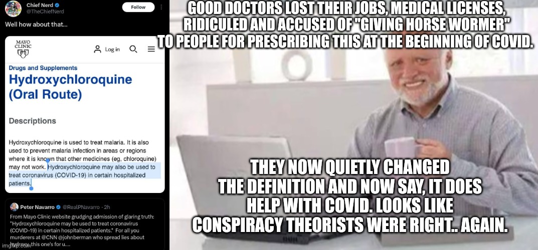1984 | GOOD DOCTORS LOST THEIR JOBS, MEDICAL LICENSES, RIDICULED AND ACCUSED OF "GIVING HORSE WORMER" TO PEOPLE FOR PRESCRIBING THIS AT THE BEGINNING OF COVID. THEY NOW QUIETLY CHANGED THE DEFINITION AND NOW SAY, IT DOES HELP WITH COVID. LOOKS LIKE CONSPIRACY THEORISTS WERE RIGHT.. AGAIN. | image tagged in covid,covid-19,democrats,republicans,tyranny,harold | made w/ Imgflip meme maker