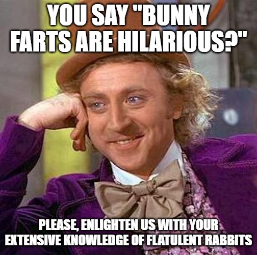 Creepy Condescending Wonka Meme | YOU SAY "BUNNY FARTS ARE HILARIOUS?"; PLEASE, ENLIGHTEN US WITH YOUR EXTENSIVE KNOWLEDGE OF FLATULENT RABBITS | image tagged in memes,creepy condescending wonka | made w/ Imgflip meme maker