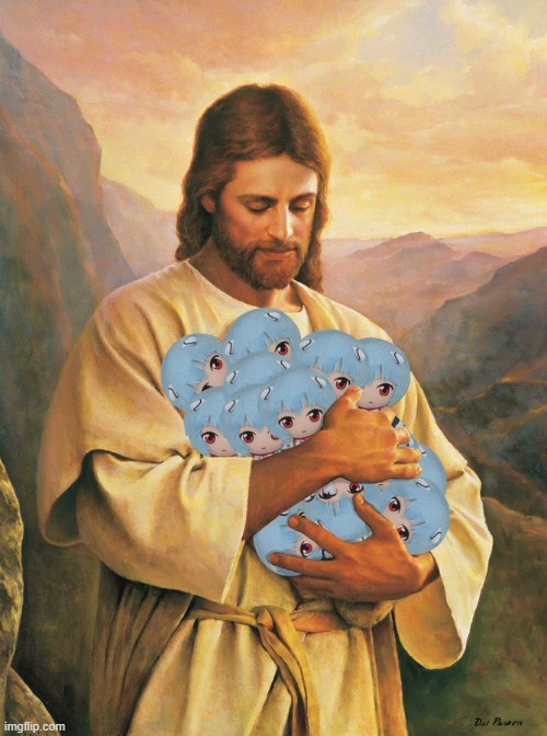 Jesus Holding Rei Plushies | image tagged in jesus holding rei plushies | made w/ Imgflip meme maker