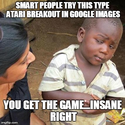 Third World Skeptical Kid | SMART PEOPLE TRY THIS TYPE ATARI BREAKOUT IN GOOGLE IMAGES YOU GET THE GAME...INSANE RIGHT | image tagged in memes,third world skeptical kid | made w/ Imgflip meme maker