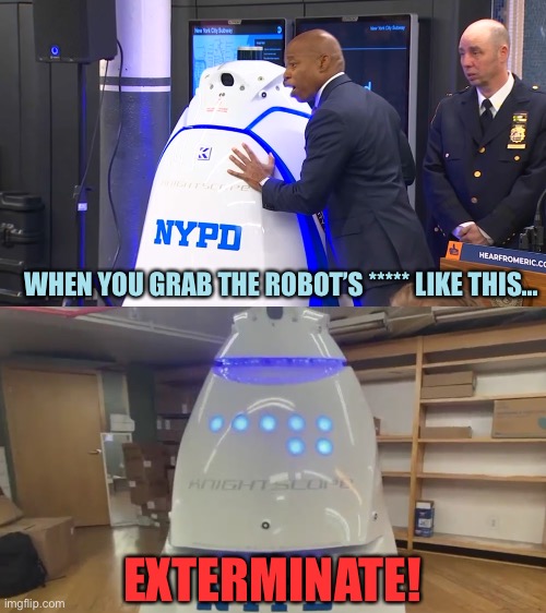 I told him not to touch there! | WHEN YOU GRAB THE ROBOT’S ***** LIKE THIS…; EXTERMINATE! | image tagged in memes,nypd | made w/ Imgflip meme maker