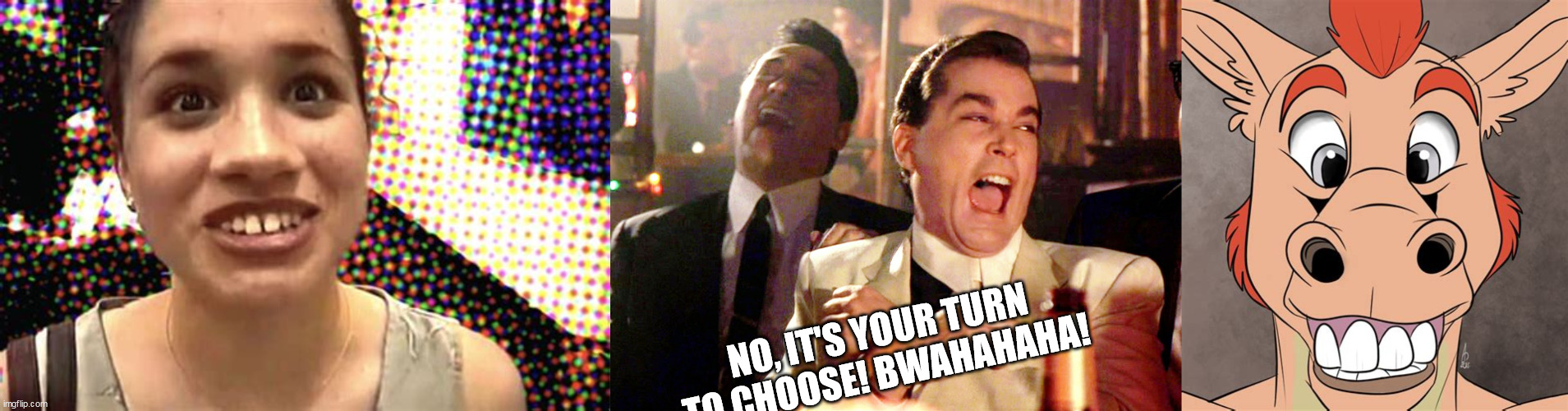 NO, IT'S YOUR TURN TO CHOOSE! BWAHAHAHA! | image tagged in memes,good fellas hilarious,meghan markle,donkey | made w/ Imgflip meme maker