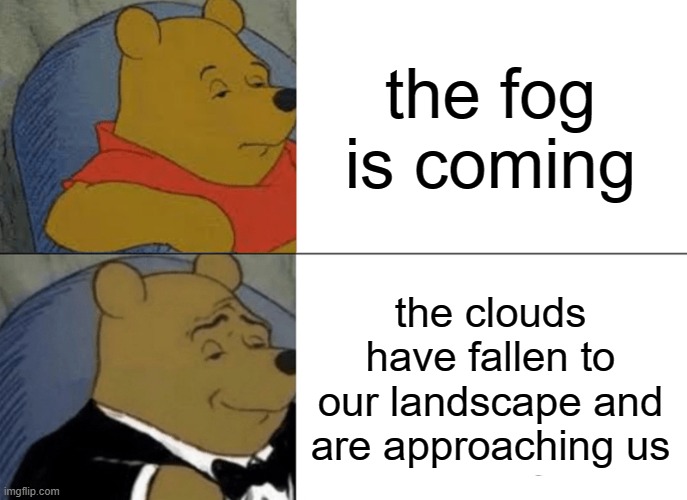 fun stream meme moment | the fog is coming; the clouds have fallen to our landscape and are approaching us | image tagged in memes,tuxedo winnie the pooh | made w/ Imgflip meme maker