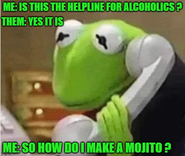 Alcoholic Amphibian | ME: IS THIS THE HELPLINE FOR ALCOHOLICS ? THEM: YES IT IS; ME: SO HOW DO I MAKE A MOJITO ? | image tagged in kermit the frog,alcoholism,help,make,mojito | made w/ Imgflip meme maker
