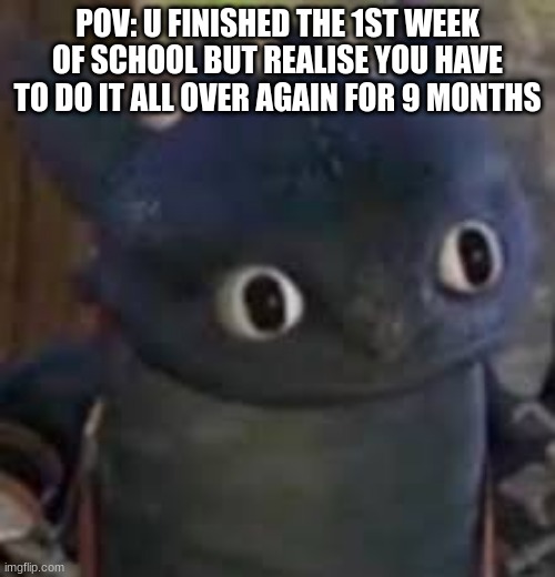 Unsettled Toothless | POV: U FINISHED THE 1ST WEEK OF SCHOOL BUT REALISE YOU HAVE TO DO IT ALL OVER AGAIN FOR 9 MONTHS | image tagged in unsettled toothless | made w/ Imgflip meme maker