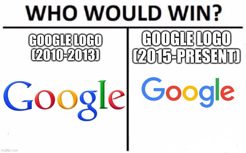 Who Would Win? | GOOGLE LOGO (2015-PRESENT); GOOGLE LOGO (2010-2013) | image tagged in memes,who would win,google | made w/ Imgflip meme maker