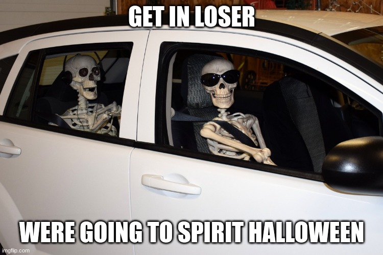 Skeletons in car | GET IN LOSER; WERE GOING TO SPIRIT HALLOWEEN | image tagged in skeletons in car | made w/ Imgflip meme maker