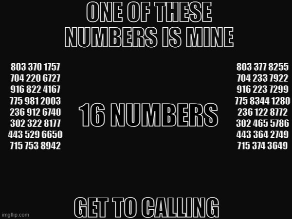 ONE OF THESE NUMBERS IS MINE; 803 377 8255
704 233 7922
916 223 7299
775 8344 1280
236 122 8772
302 465 5786
443 364 2749
715 374 3649; 803 370 1757
704 220 6727
916 822 4167
775 981 2003
236 912 6740
302 322 8177
443 529 6650
715 753 8942; 16 NUMBERS; GET TO CALLING | image tagged in hehe | made w/ Imgflip meme maker