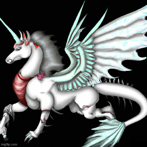 A unicorn with dragon wings in the style of H.R. Giger | image tagged in ai | made w/ Imgflip meme maker