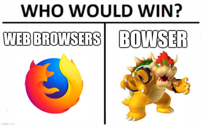 Who Would Win? | WEB BROWSERS; BOWSER | image tagged in memes,who would win,firefox,browser,bowser,mario | made w/ Imgflip meme maker