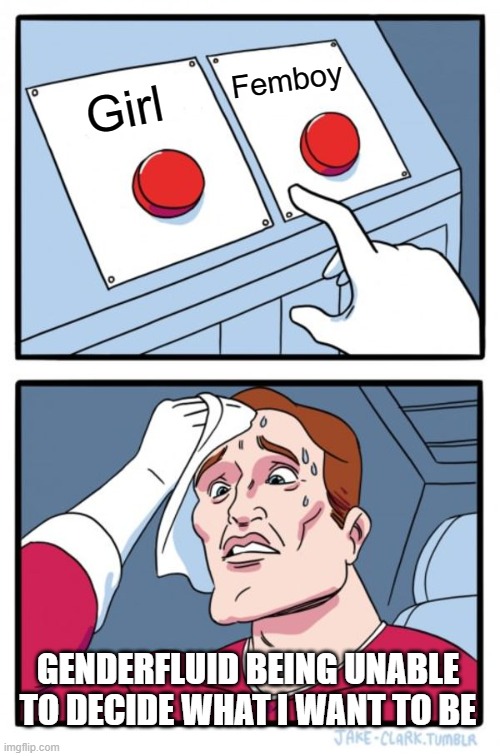 choices ahhh | Femboy; Girl; GENDERFLUID BEING UNABLE TO DECIDE WHAT I WANT TO BE | image tagged in memes,two buttons | made w/ Imgflip meme maker