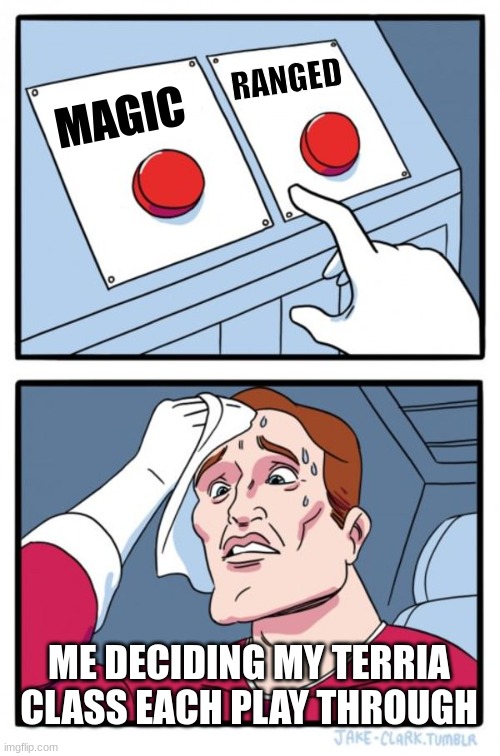 Two Buttons Meme | RANGED; MAGIC; ME DECIDING MY TERRIA CLASS EACH PLAY THROUGH | image tagged in memes,two buttons | made w/ Imgflip meme maker