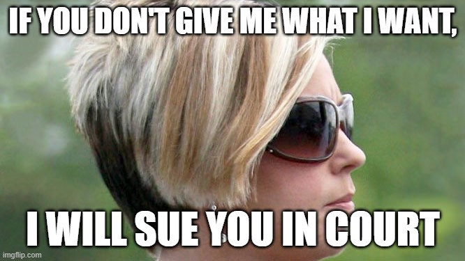 HOW MANY TIMES HAVE I TOLD YOU TO STOP TALKING TO THE F**KING MANAGER | IF YOU DON'T GIVE ME WHAT I WANT, I WILL SUE YOU IN COURT | image tagged in karen | made w/ Imgflip meme maker