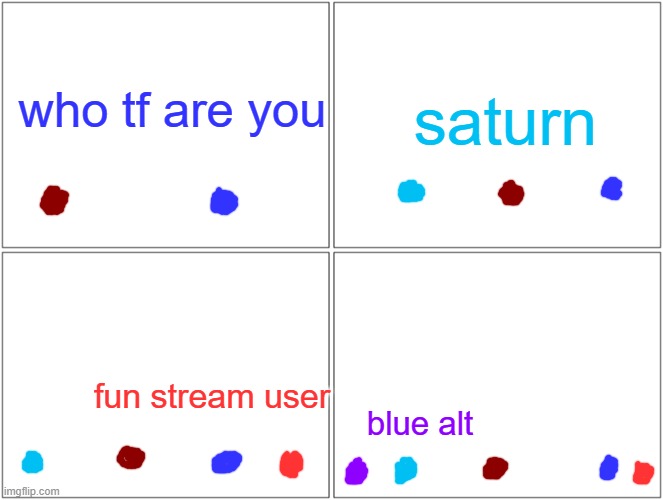>:3 | who tf are you; saturn; fun stream user; blue alt | image tagged in memes,blank comic panel 2x2 | made w/ Imgflip meme maker