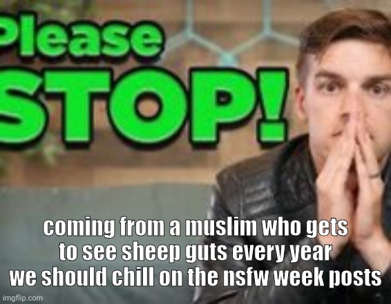 can we do the "never safe from waluigi" one instead | coming from a muslim who gets to see sheep guts every year we should chill on the nsfw week posts | image tagged in please stop matpat | made w/ Imgflip meme maker