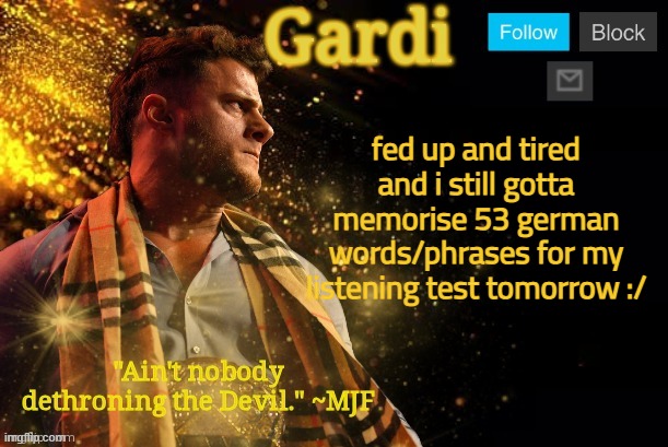 at least ik the other 90-something words ig | fed up and tired and i still gotta memorise 53 german words/phrases for my listening test tomorrow :/ | image tagged in gardi's mjf announcement template v3 | made w/ Imgflip meme maker