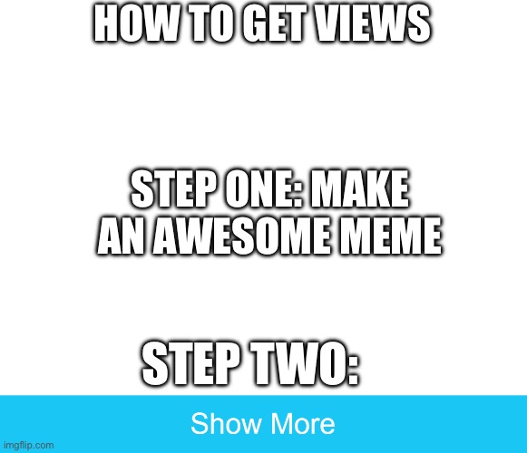 Solid advice | HOW TO GET VIEWS; STEP ONE: MAKE AN AWESOME MEME; STEP TWO: | image tagged in advice | made w/ Imgflip meme maker