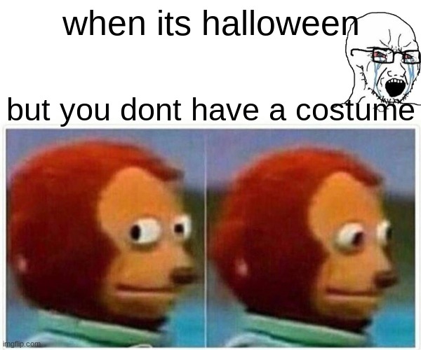 Monkey Puppet | when its halloween; but you dont have a costume | image tagged in memes,monkey puppet,funny,relatable,halloween,happy halloween | made w/ Imgflip meme maker