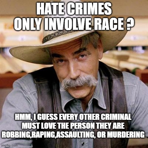 all crime is hate crime | HATE CRIMES ONLY INVOLVE RACE ? HMM, I GUESS EVERY OTHER CRIMINAL MUST LOVE THE PERSON THEY ARE ROBBING,RAPING,ASSAULTING, OR MURDERING | image tagged in sarcasm cowboy,stupid liberals,the truth,political meme,funny memes,political correctness | made w/ Imgflip meme maker
