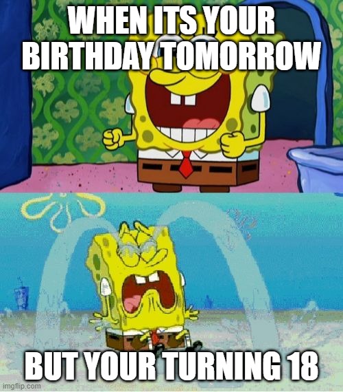 idk | WHEN ITS YOUR BIRTHDAY TOMORROW; BUT YOUR TURNING 18 | image tagged in spongebob happy and sad | made w/ Imgflip meme maker