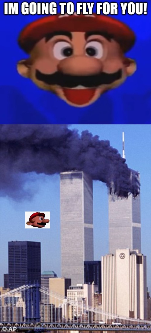 wait what the fu | IM GOING TO FLY FOR YOU! | image tagged in mario type head,twin tower style | made w/ Imgflip meme maker