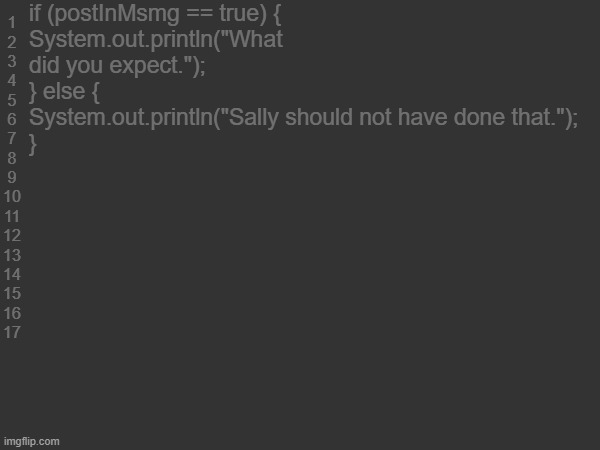 . | if (postInMsmg == true) {
System.out.println("What did you expect.");
} else {
System.out.println("Sally should not have done that.");
}; 1
2
3
4
5
6
7
8
9
10
11
12
13
14
15
16
17 | made w/ Imgflip meme maker
