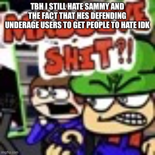 massive shit?! (DnB) | TBH I STILL HATE SAMMY AND THE FACT THAT HES DEFENDING UNDERAGE USERS TO GET PEOPLE TO HATE IDK | image tagged in massive shit dnb | made w/ Imgflip meme maker