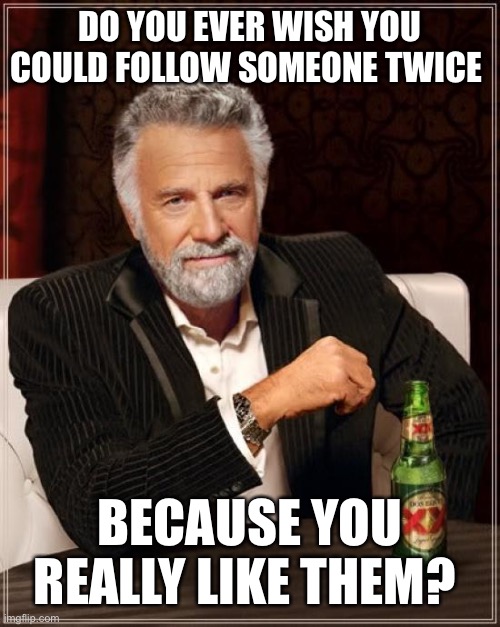 The Most Interesting Man In The World | DO YOU EVER WISH YOU COULD FOLLOW SOMEONE TWICE; BECAUSE YOU REALLY LIKE THEM? | image tagged in memes,the most interesting man in the world | made w/ Imgflip meme maker