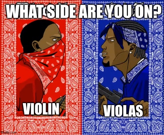 which side are you on | WHAT SIDE ARE YOU ON? VIOLAS; VIOLIN | image tagged in which side are you on,violin,viola,violins,violas,instruments | made w/ Imgflip meme maker