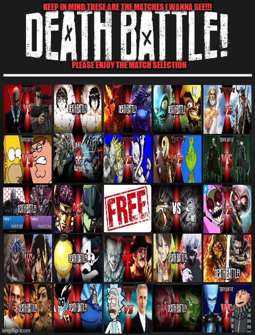 KEEP IN MIND THESE ARE THE MATCHES I WANNA SEE!!! PLEASE ENJOY THE MATCH SELECTION | image tagged in death battle,franchises,votes,free,matches,chaos | made w/ Imgflip meme maker