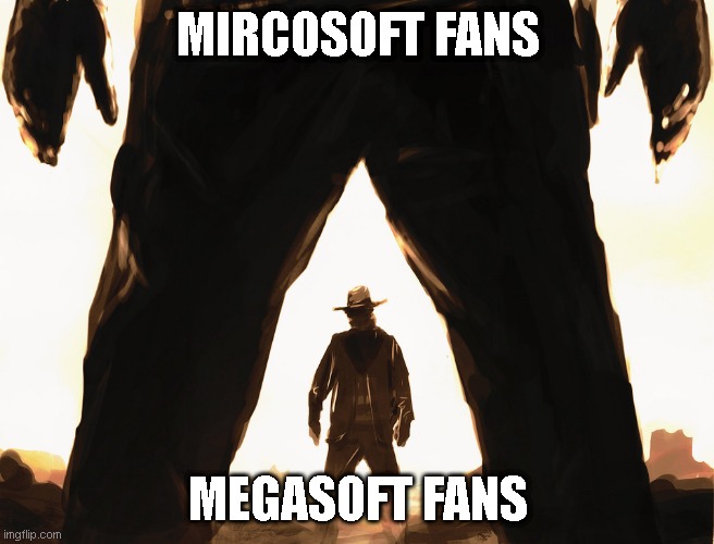The Duel | MIRCOSOFT FANS; MEGASOFT FANS | image tagged in cowboy duel,funny memes | made w/ Imgflip meme maker