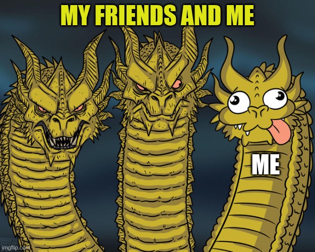 Three-headed Dragon | MY FRIENDS AND ME; ME | image tagged in is this a pigeon | made w/ Imgflip meme maker