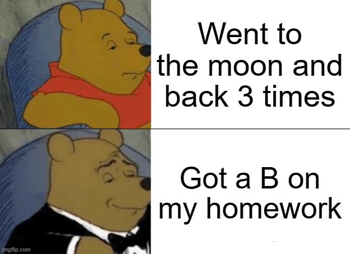 True? | Went to the moon and back 3 times; Got a B on my homework | image tagged in memes,tuxedo winnie the pooh | made w/ Imgflip meme maker