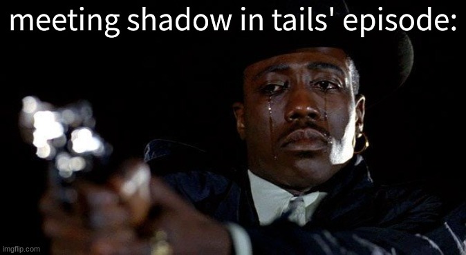 I HAVE TO FIGHT HIM AND HES LIKE LITERALLY TRYING TO PREVENT TRAGEDY REPEATING | meeting shadow in tails' episode: | image tagged in crying man with gun | made w/ Imgflip meme maker