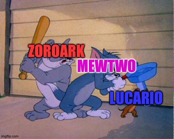 Battle of the Pokémon | MEWTWO; ZOROARK; LUCARIO | image tagged in tom and jerry 3 way brawl | made w/ Imgflip meme maker