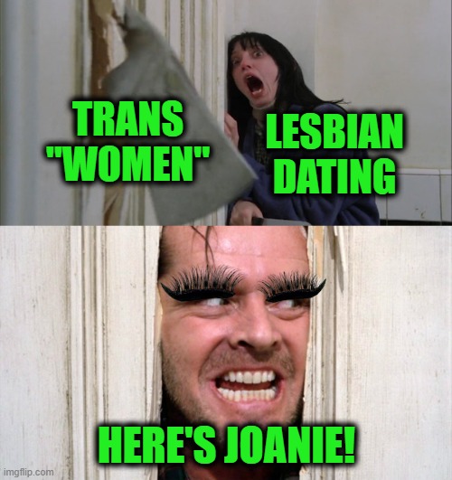 Yikes | TRANS "WOMEN"; LESBIAN DATING; HERE'S JOANIE! | image tagged in jack torrance axe shining | made w/ Imgflip meme maker