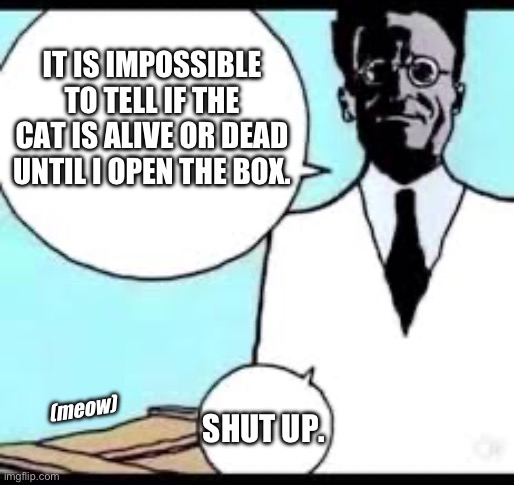 Schrödinger scat be like | IT IS IMPOSSIBLE TO TELL IF THE CAT IS ALIVE OR DEAD UNTIL I OPEN THE BOX. SHUT UP. (meow) | image tagged in schr dingers cat | made w/ Imgflip meme maker
