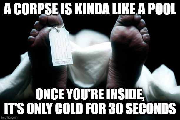 Necro | A CORPSE IS KINDA LIKE A POOL; ONCE YOU'RE INSIDE, IT'S ONLY COLD FOR 30 SECONDS | image tagged in dead body corpse feet tag | made w/ Imgflip meme maker