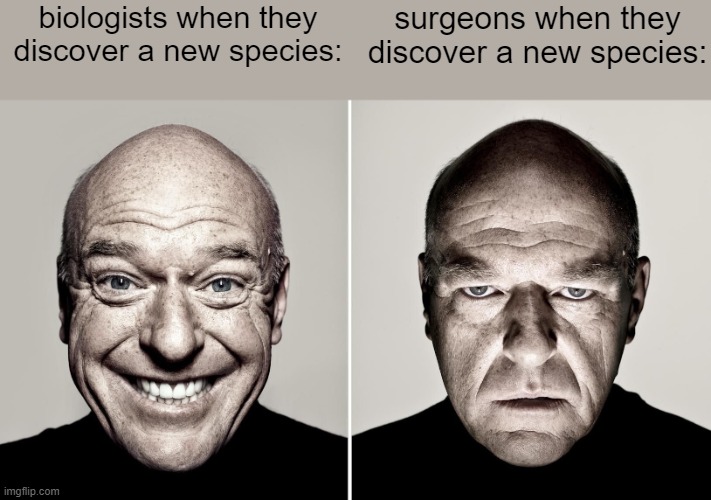 OH GOD N OKOKKOKMKOL | biologists when they discover a new species:; surgeons when they discover a new species: | image tagged in dean norris's reaction | made w/ Imgflip meme maker